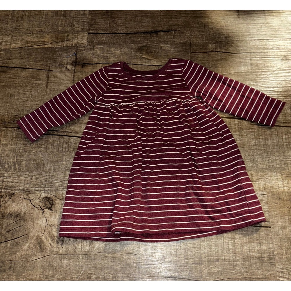 Old Navy Baby Girls Burgundy White Striped Long Sleeve Empire Waist Dress 6-12M